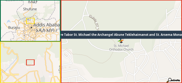 Map showing the address of Debre Tabor St. Michael the Archangel Abune Teklehaimanot and St. Arsema Monastery in three different zoom levels.