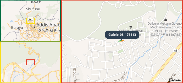 Map showing the address of Gulele_08_1764 St in three different zoom levels.