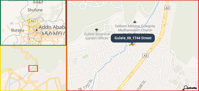Map showing the address of Gulele_08_1744 Street in three different zoom levels.