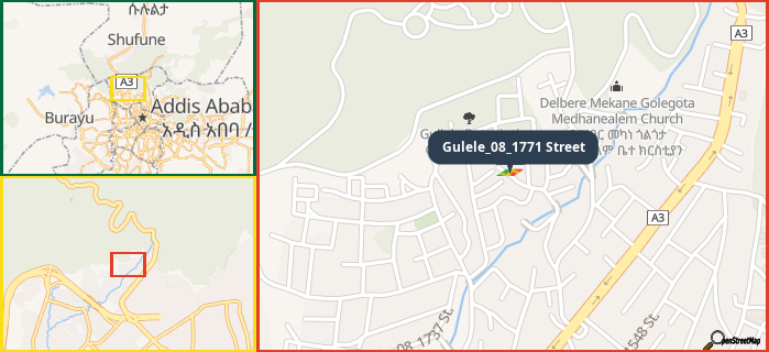 Map showing the address of Gulele_08_1771 Street in three different zoom levels.