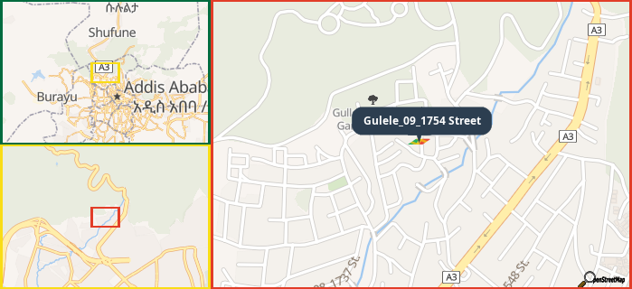 Map showing the address of Gulele_09_1754 Street in three different zoom levels.