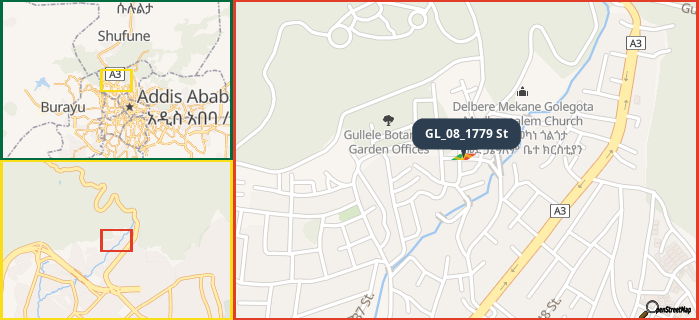 Map showing the address of GL_08_1779 St in three different zoom levels.