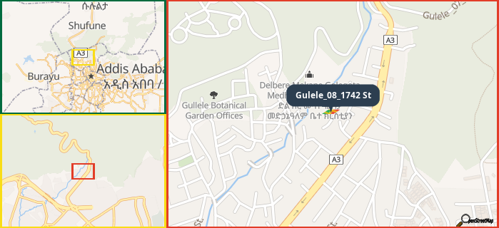 Map showing the address of Gulele_08_1742 St in three different zoom levels.