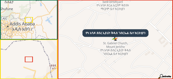 Map showing the address of የካ አባዶ ደብረ ኢያሪኮ ቅዱስ ገብርኤል ቤተ ክርስቲያን in three different zoom levels.