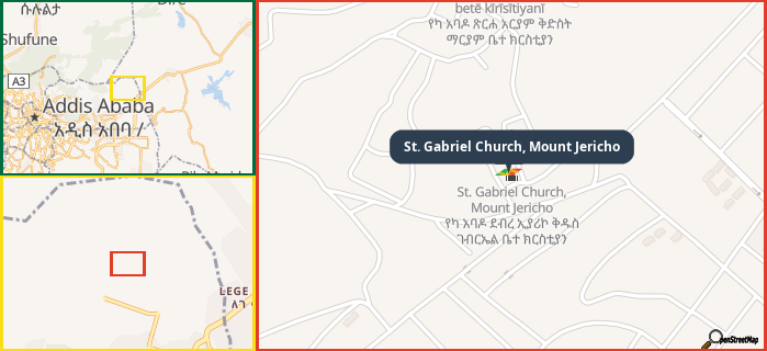 Map showing the address of St. Gabriel Church, Mount Jericho in three different zoom levels.