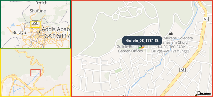Map showing the address of Gulele_08_1781 St in three different zoom levels.