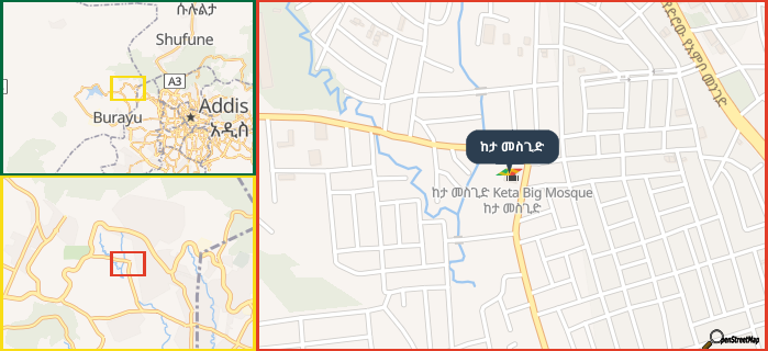 Map showing the address of ከታ መስጊድ in three different zoom levels.