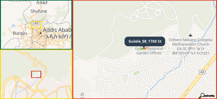 Map showing the address of Gulele_08_1760 St in three different zoom levels.
