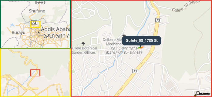 Map showing the address of Gulele_08_1785 St in three different zoom levels.