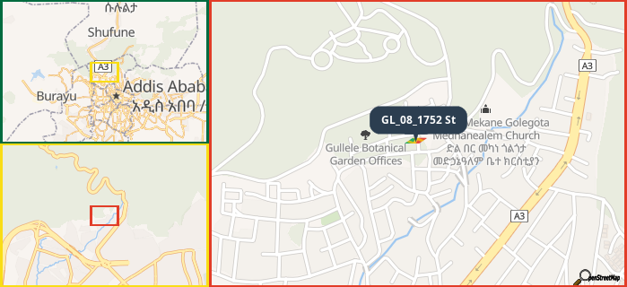 Map showing the address of GL_08_1752 St in three different zoom levels.