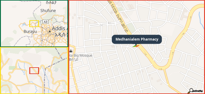 Map showing the address of Medhanialem Pharmacy in three different zoom levels.
