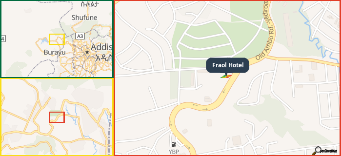 Map showing the address of Fraol Hotel in three different zoom levels.