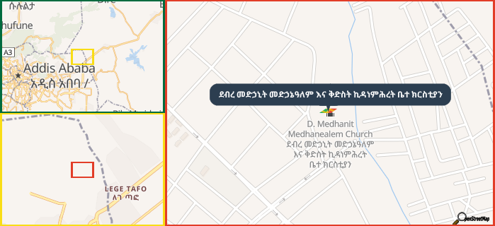 Map showing the address of ደብረ መድኃኒት መድኃኔዓለም እና ቅድስት ኪዳነምሕረት ቤተ ክርስቲያን in three different zoom levels.