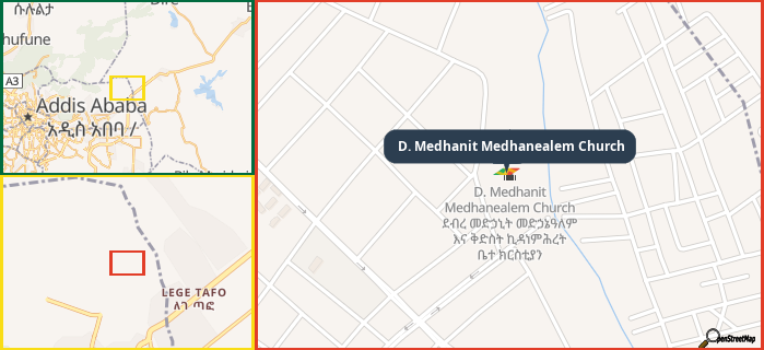 Map showing the address of D. Medhanit Medhanealem Church in three different zoom levels.