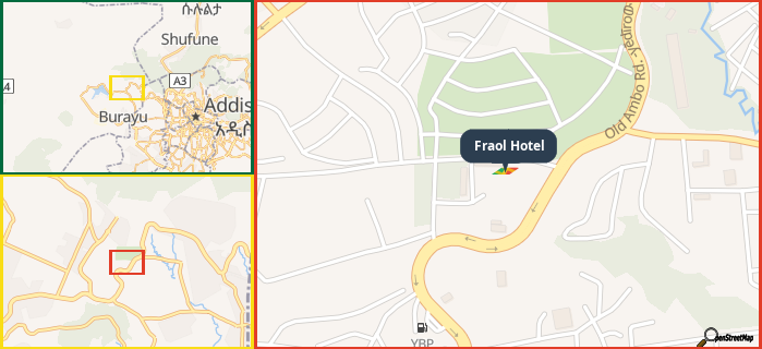 Map showing the address of Fraol Hotel in three different zoom levels.