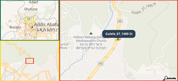 Map showing the address of Gulele_07_1489 St in three different zoom levels.