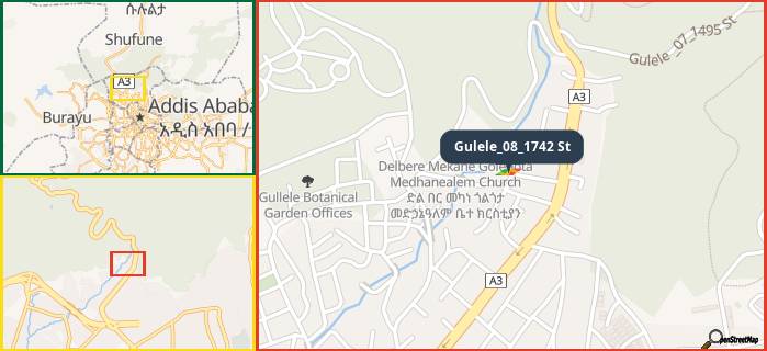 Map showing the address of Gulele_08_1742 St in three different zoom levels.