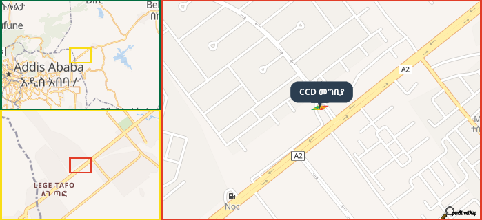 Map showing the address of CCD መግቢያ in three different zoom levels.
