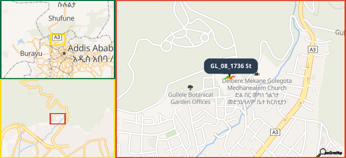 Map showing the address of GL_08_1736 St in three different zoom levels.