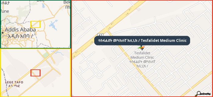 Map showing the address of ተስፋልደት መካከለኛ ክሊኒክ / Tesfalidet Medium Clinic in three different zoom levels.