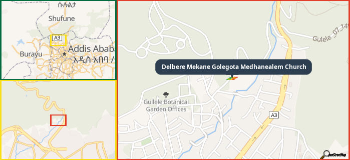 Map showing the address of Delbere Mekane Golegota Medhanealem Church in three different zoom levels.