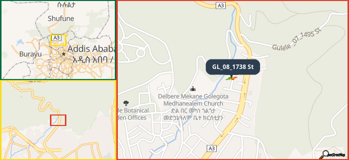 Map showing the address of GL_08_1738 St in three different zoom levels.