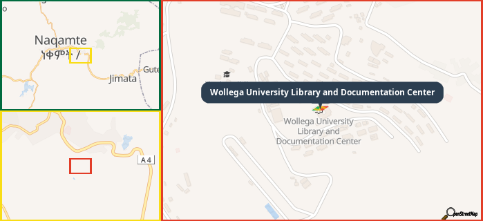 Map showing the address of Wollega University Library and Documentation Center in three different zoom levels.