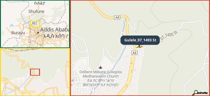 Map showing the address of Gulele_07_1493 St in three different zoom levels.