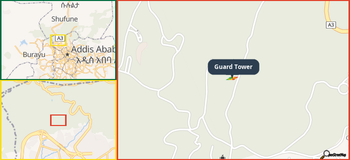 Map showing the address of Guard Tower in three different zoom levels.