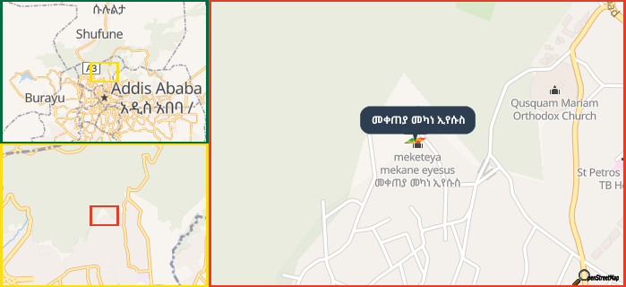 Map showing the address of መቀጠያ መካነ ኢየሱስ in three different zoom levels.