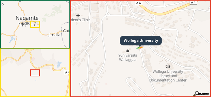 Map showing the address of Wollega University in three different zoom levels.