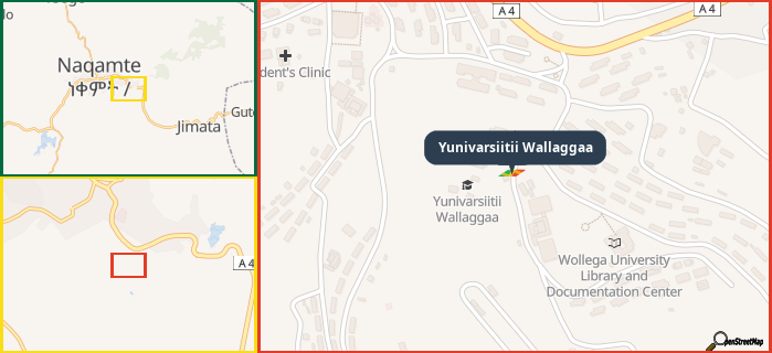 Map showing the address of Yunivarsiitii Wallaggaa in three different zoom levels.