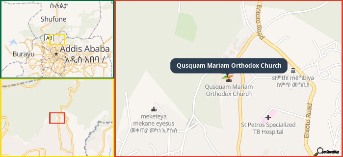 Map showing the address of Qusquam Mariam Orthodox Church in three different zoom levels.