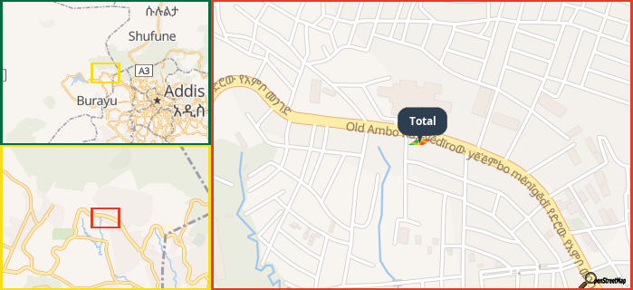 Map showing the address of Total in three different zoom levels.