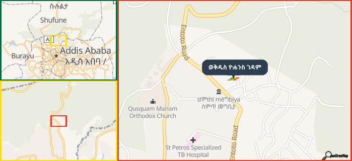 Map showing the address of ወቅዱስ ዮሐንስ ገዳም in three different zoom levels.