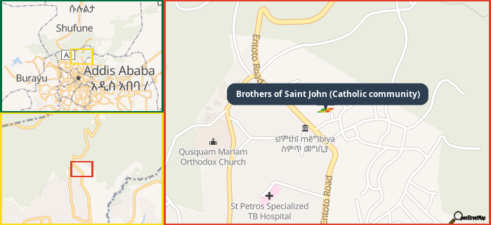 Map showing the address of Brothers of Saint John (Catholic community) in three different zoom levels.