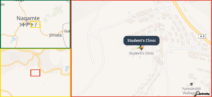Map showing the address of Student's Clinic in three different zoom levels.