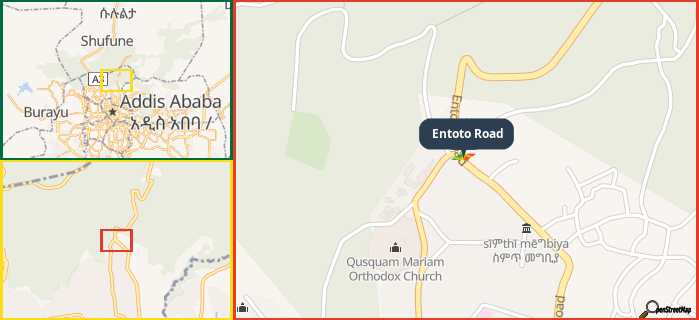 Map showing the address of Entoto Road in three different zoom levels.