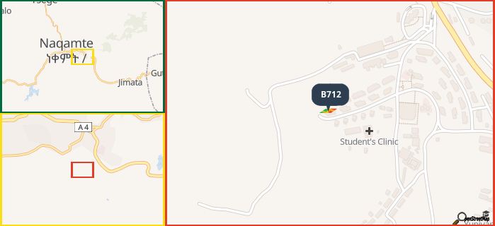 Map showing the address of B712 in three different zoom levels.