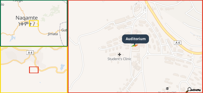 Map showing the address of Auditorium in three different zoom levels.