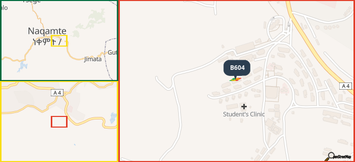 Map showing the address of B604 in three different zoom levels.