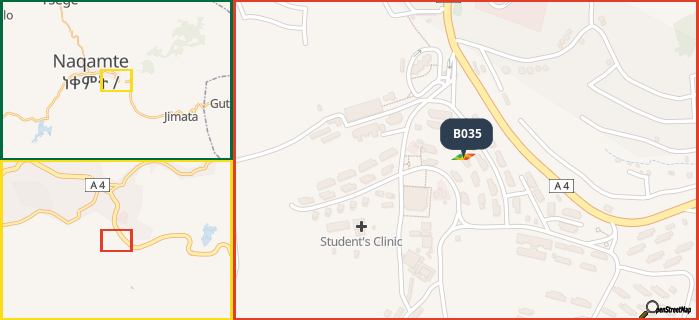 Map showing the address of B035 in three different zoom levels.