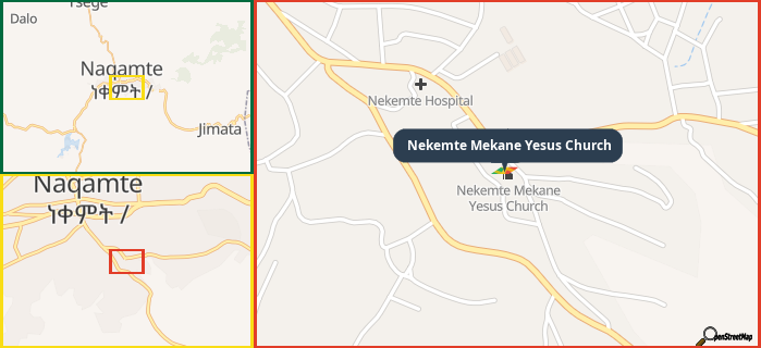 Map showing the address of Nekemte Mekane Yesus Church in three different zoom levels.