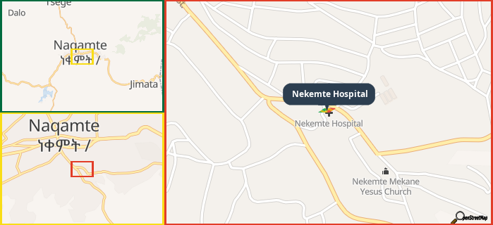 Map showing the address of Nekemte Hospital in three different zoom levels.