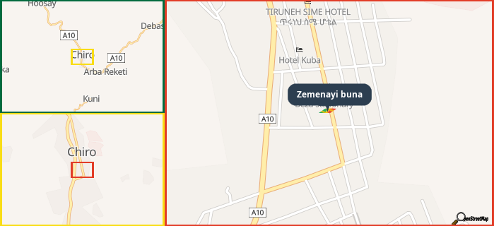Map showing the address of Zemenayi buna in three different zoom levels.