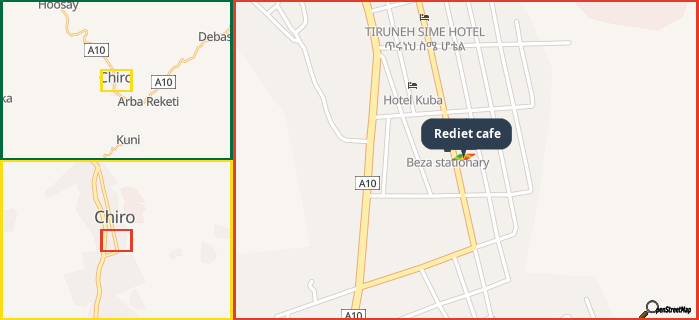 Map showing the address of Rediet cafe in three different zoom levels.