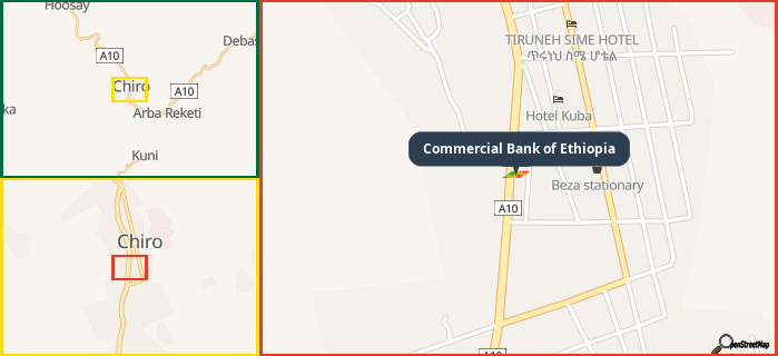 Map showing the address of Commercial Bank of Ethiopia in three different zoom levels.