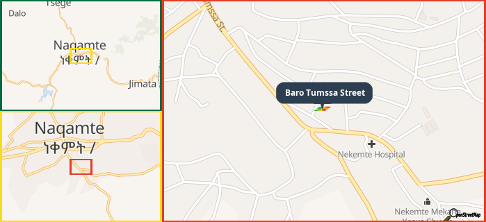 Map showing the address of Baro Tumssa Street in three different zoom levels.
