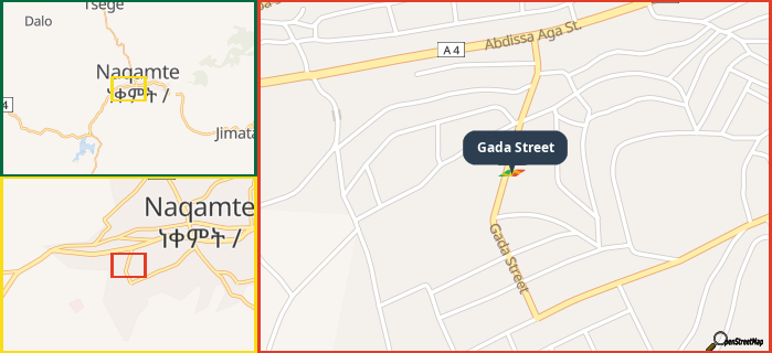 Map showing the address of Gada Street in three different zoom levels.