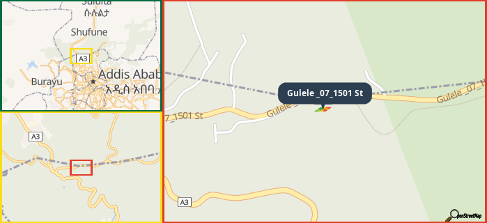 Map showing the address of Gulele _07_1501 St in three different zoom levels.